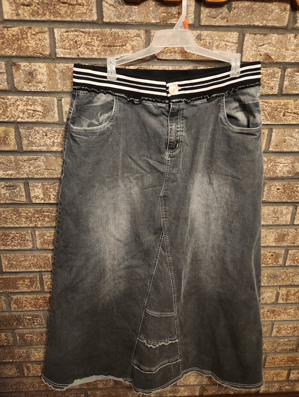 STYLE J Gray Denim Maxi Skirt with Striped Waistband Size 16